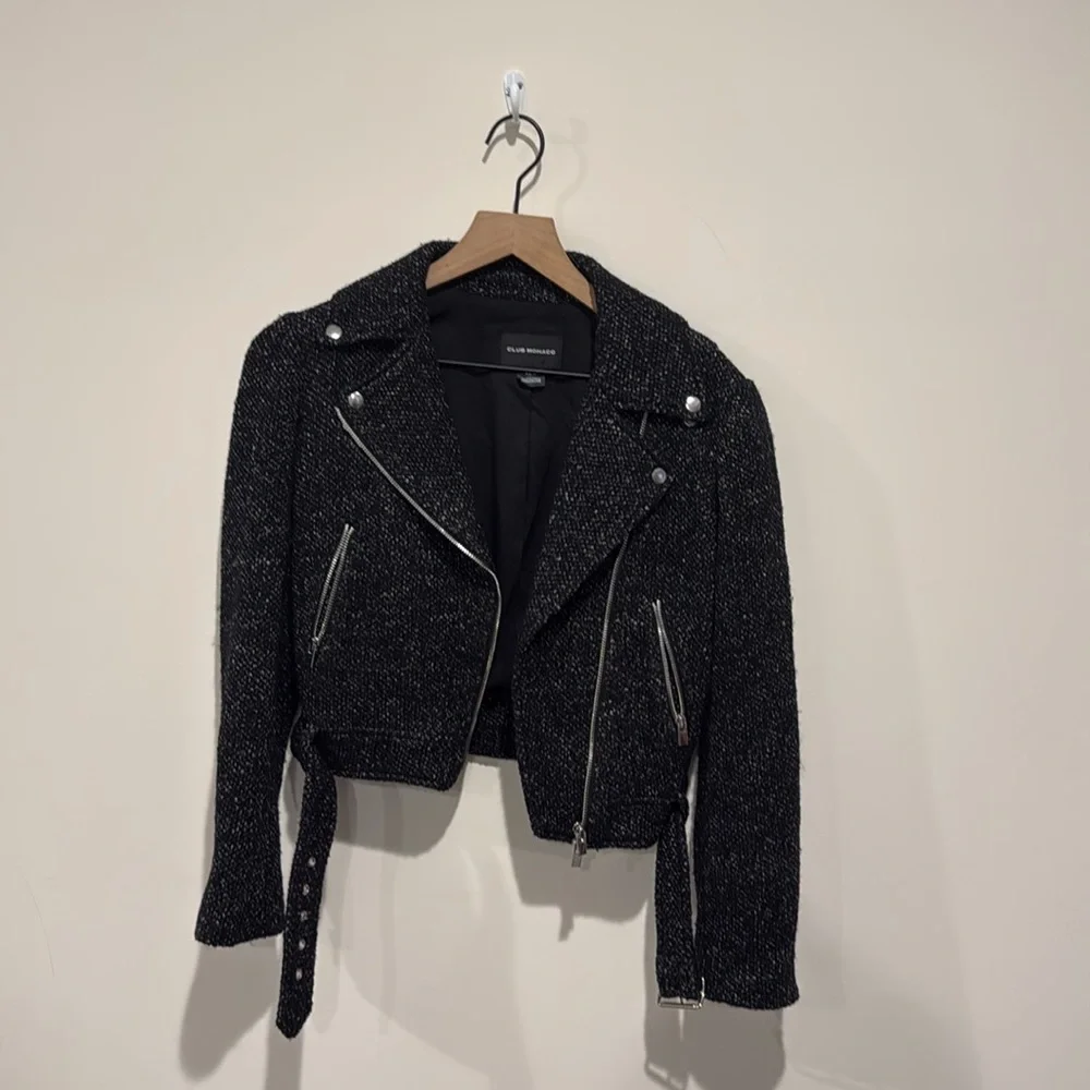 • Club Monaco • Women’s Black Wool Tweed Knit Zina Moto Jacket Cropped Wool XS - Picture 3 of 5